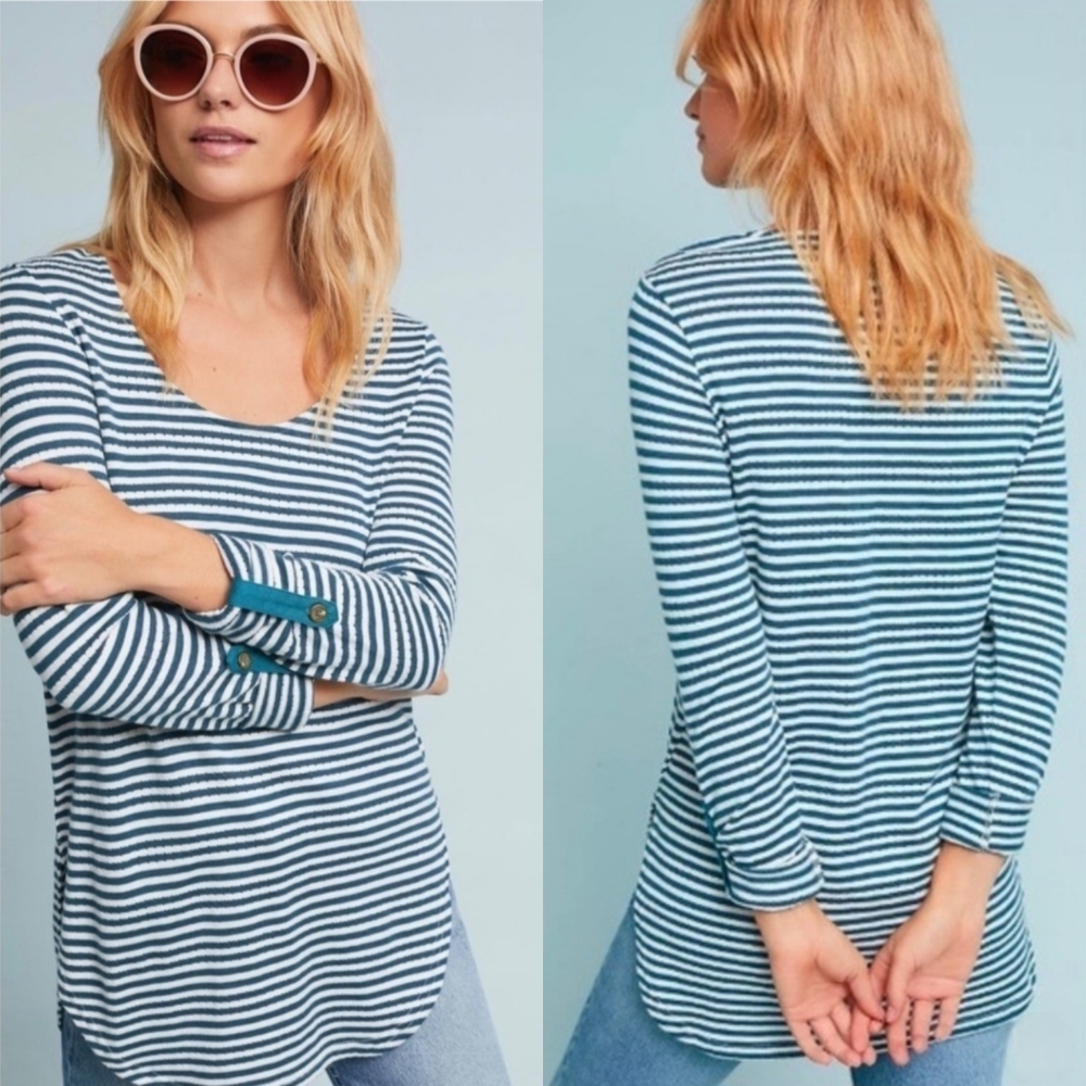 Anthropologie x Akemi + Kin "Sylvie Pointelle Top" Stripe Blue White | Women's M
